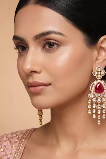 Gold plated red stone kundan long earrings