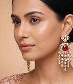 Gold plated red stone kundan long earrings