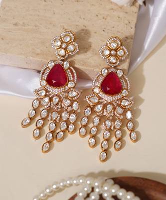 Gold plated red stone kundan long earrings 2