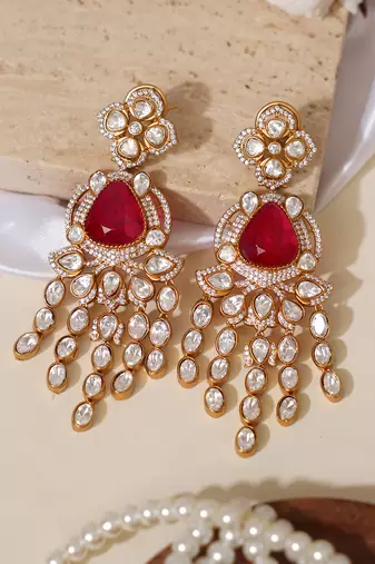 Gold plated red stone kundan long earrings