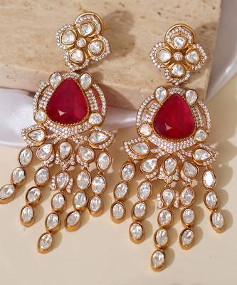 Gold plated red stone kundan long earrings 3