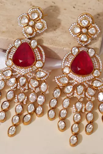 Gold plated red stone kundan long earrings
