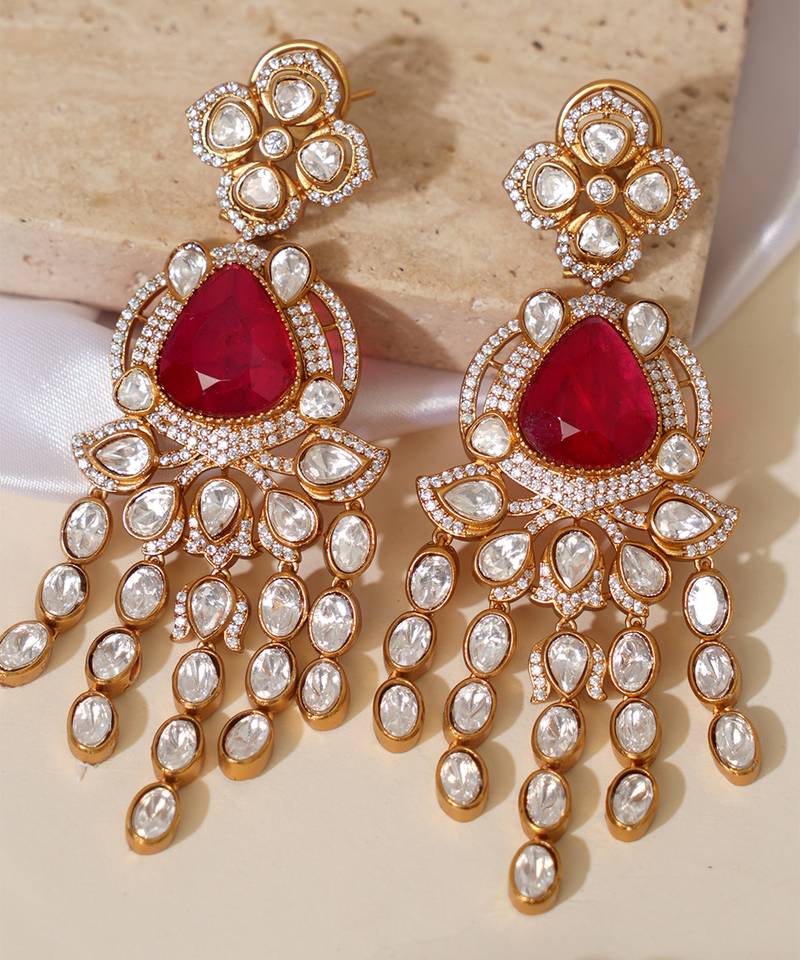 Gold plated red stone kundan long earrings