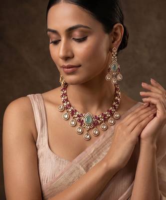 Gold plated mint green kundan stone necklace set 1