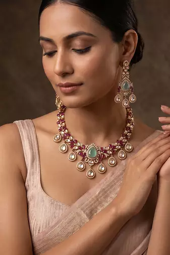 Gold plated mint green kundan stone necklace set
