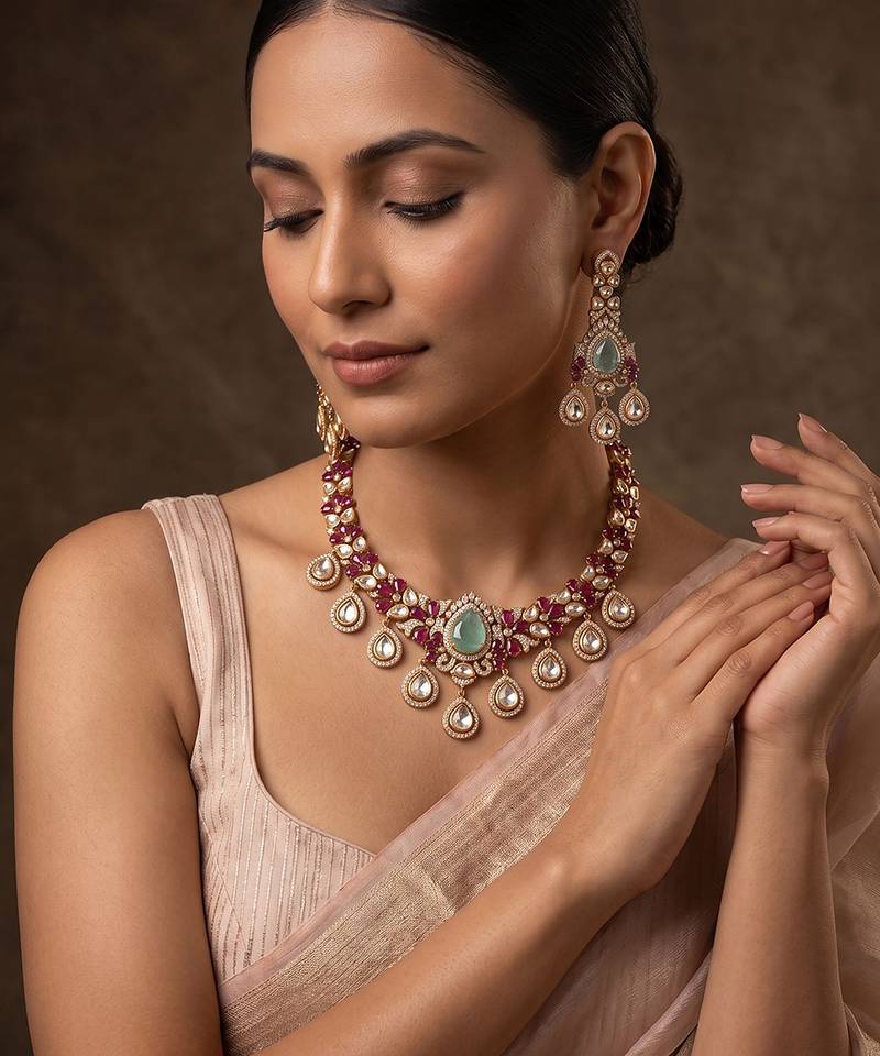 Gold plated mint green kundan stone necklace set
