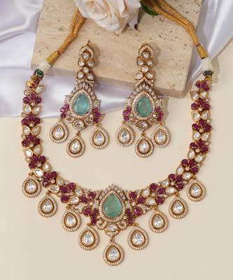 Gold plated mint green kundan stone necklace set 2