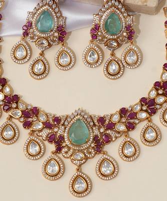 Gold plated mint green kundan stone necklace set 3