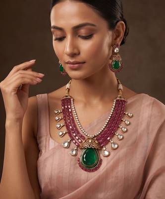 Gold plated emerald green stone layered necklace set 1