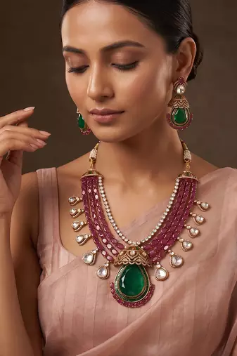 Gold plated emerald green stone layered necklace set