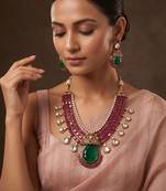Gold plated emerald green stone layered necklace set