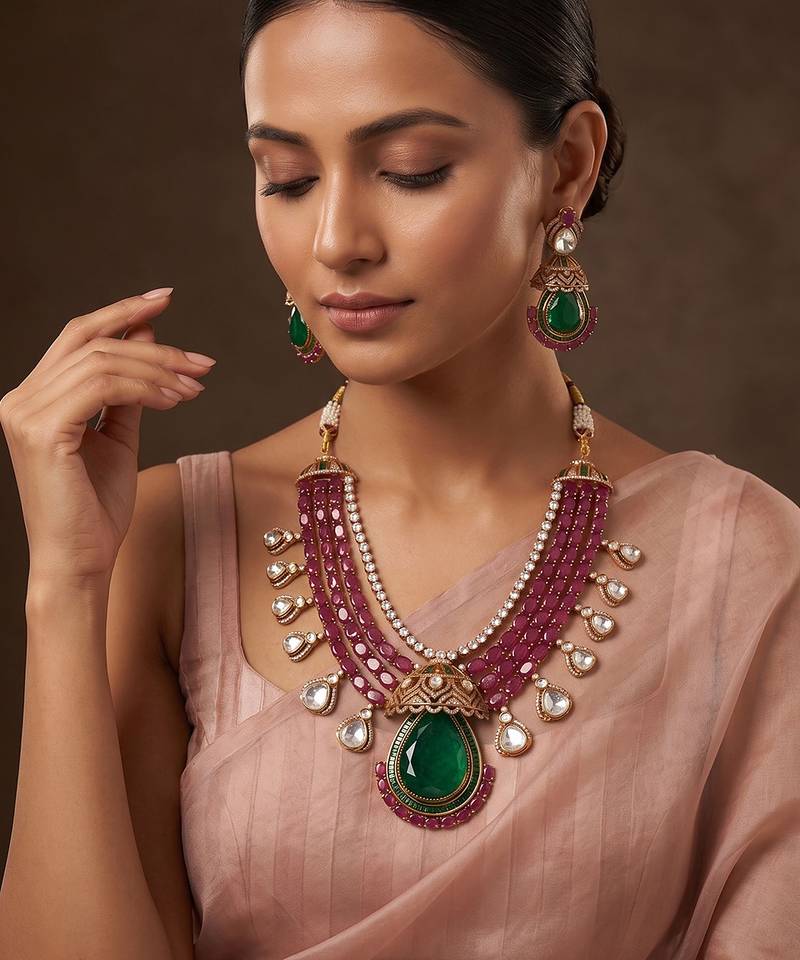 Gold plated emerald green stone layered necklace set