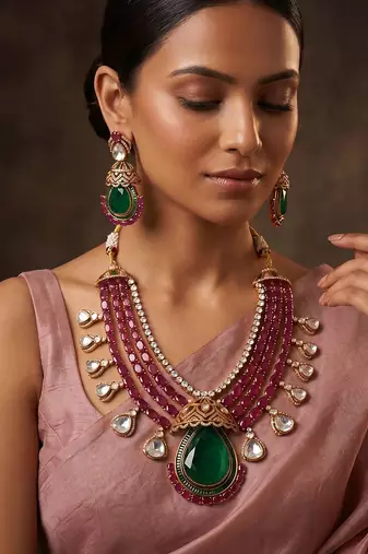 Gold plated emerald green stone layered necklace set