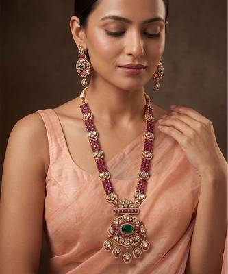 Gold plated green stone pink beaded haar necklace set 1