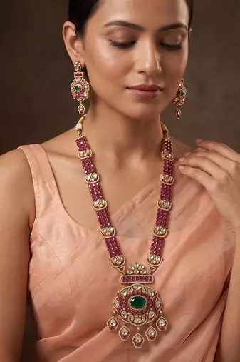 Gold plated green stone pink beaded haar necklace set
