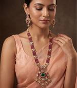Gold plated green stone pink beaded haar necklace set