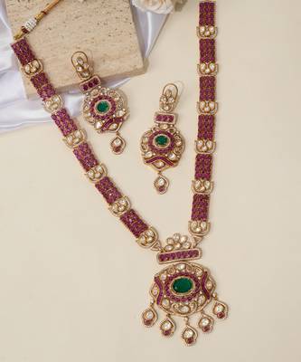 Gold plated green stone pink beaded haar necklace set 2