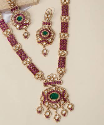 Gold plated green stone pink beaded haar necklace set 3