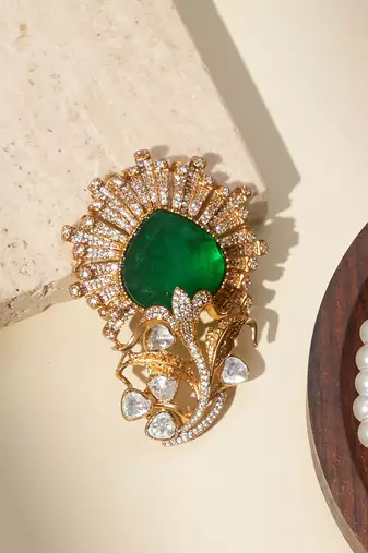 Gold plated green stone royal brooch