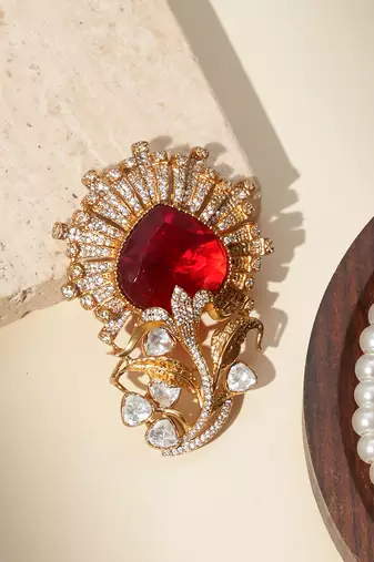 Gold plated ruby red stone royal brooch