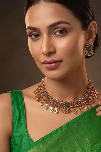 Gold plated green stones necklace set
