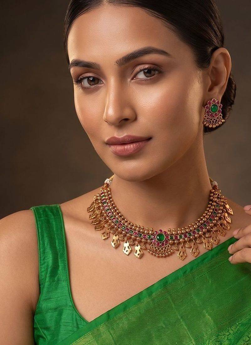 Gold plated green stones necklace set