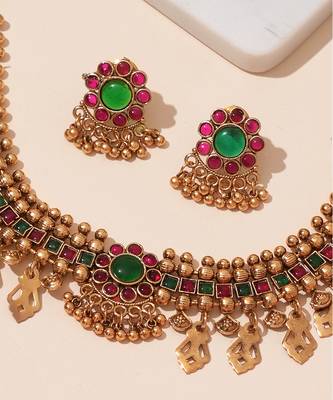 Gold plated green stones necklace set 3