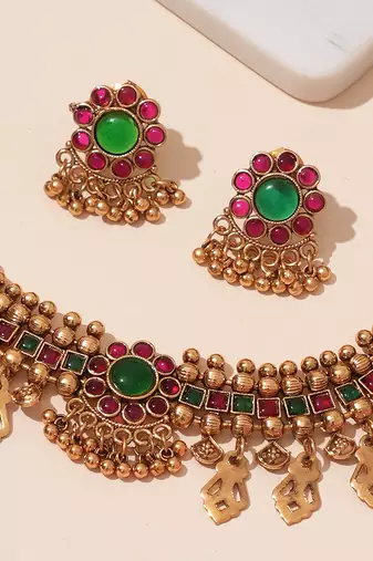 Gold plated green stones necklace set