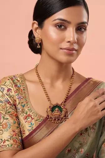 Gold plated green stone temple heritage necklace set