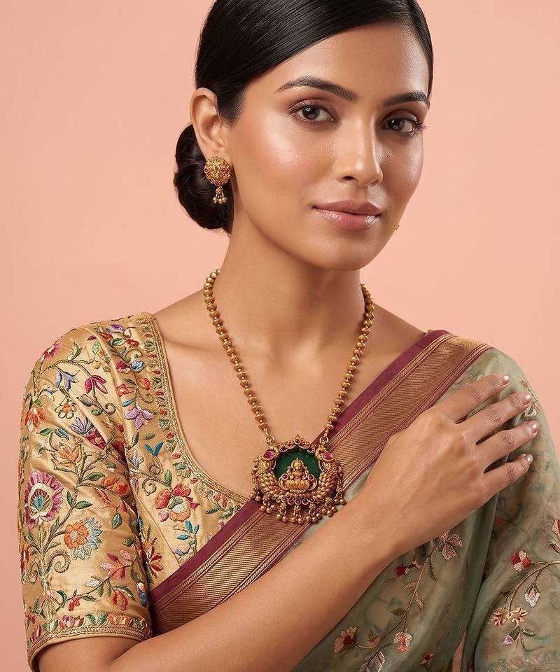 Gold plated green stone temple heritage necklace set