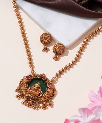 Gold plated green stone temple heritage necklace set 2