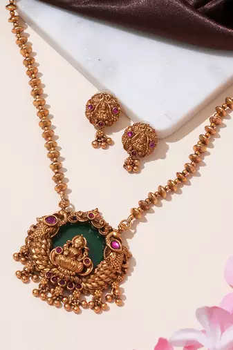 Gold plated green stone temple heritage necklace set