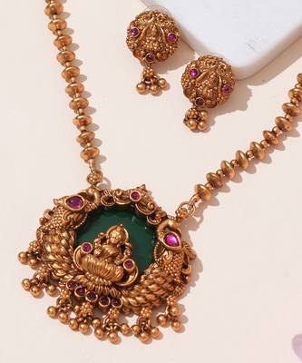 Gold plated green stone temple heritage necklace set 3