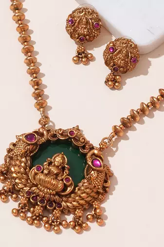 Gold plated green stone temple heritage necklace set
