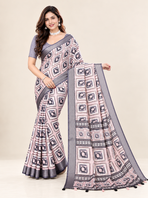 Chiku colour leaf digital printed linen cotton saree with jhalar 1