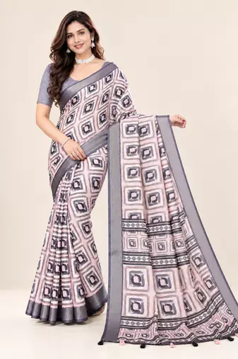 Chiku colour leaf digital printed linen cotton saree with jhalar
