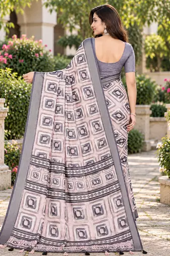 Chiku colour leaf digital printed linen cotton saree with jhalar