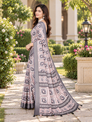Chiku colour leaf digital printed linen cotton saree with jhalar 3