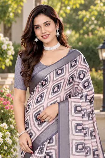 Chiku colour leaf digital printed linen cotton saree with jhalar