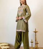 Embroidery Work Light Mehandi Green Organza Farsi Salwar Co Ords for Women