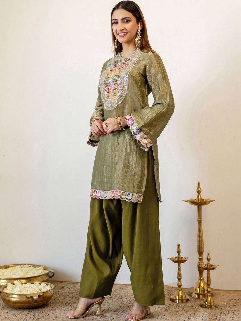 Embroidery Work Light Mehandi Green Organza Farsi Salwar Co Ords for Women