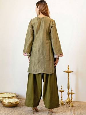 Embroidery Work Light Mehandi Green Organza Farsi Salwar Co Ords for Women 2