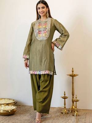 Embroidery Work Light Mehandi Green Organza Farsi Salwar Co Ords for Women 3