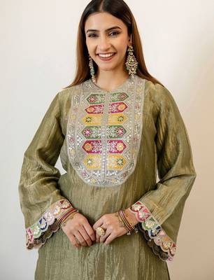 Embroidery Work Light Mehandi Green Organza Farsi Salwar Co Ords for Women 5