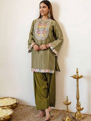 Embroidery Work Light Mehandi Green Organza Farsi Salwar Co Ords for Women 6
