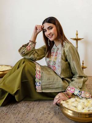 Embroidery Work Light Mehandi Green Organza Farsi Salwar Co Ords for Women 7