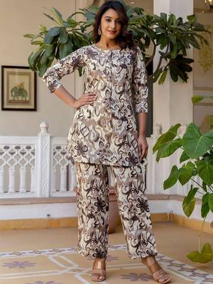 Printed Biege Cotton Blend Co Ords for Women 1