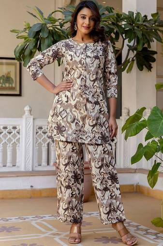Printed Biege Cotton Blend Co Ords for Women