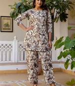 Printed Biege Cotton Blend Co Ords for Women
