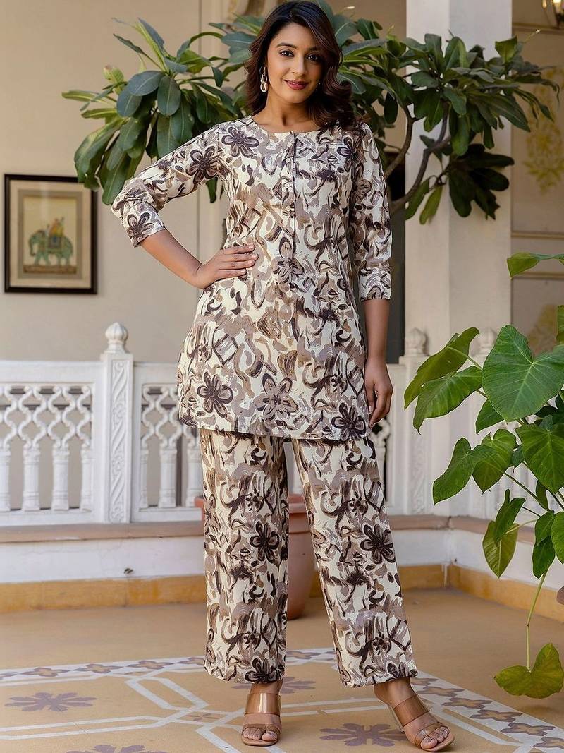 Printed Biege Cotton Blend Co Ords for Women